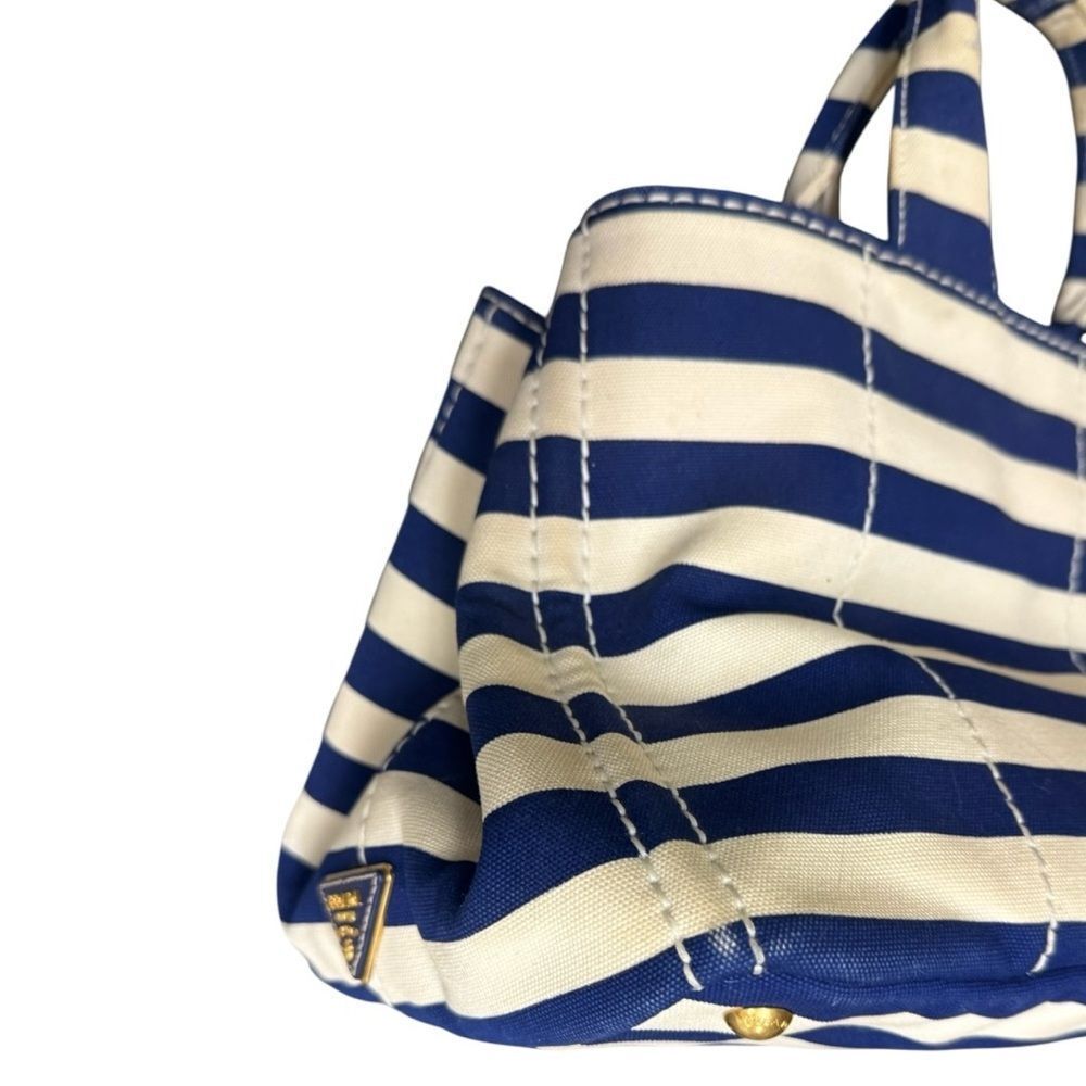 Prada Striped Blue & White Printed Canvas Large Canapa Tote Bag Auth - Picture 8 of 15